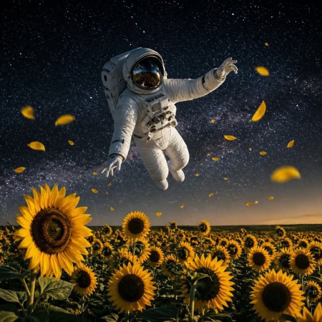 Image générée par IA : astronaute flottant dans un champ de tournesols sous un ciel étoilé