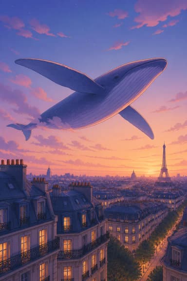 Illustration générée par IA : baleine volante au-dessus d'une ville haussmannienne