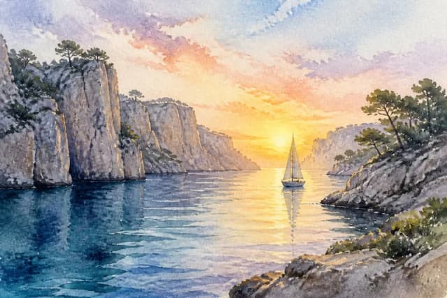 Aquarelle générée par IA : calanques de Cassis à l'aube avec voilier