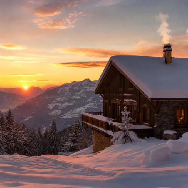 Image générée par IA : chalet en montagne au coucher du soleil, photo réaliste