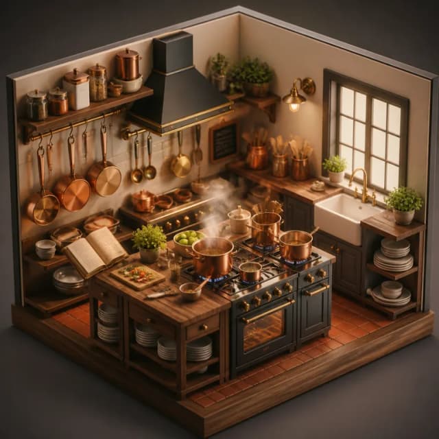 Rendu 3D généré par IA : cuisine de chef miniature isométrique