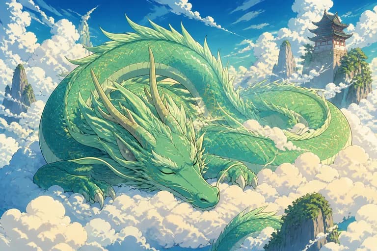 Image style animé générée par IA : dragon de jade endormi sur des nuages