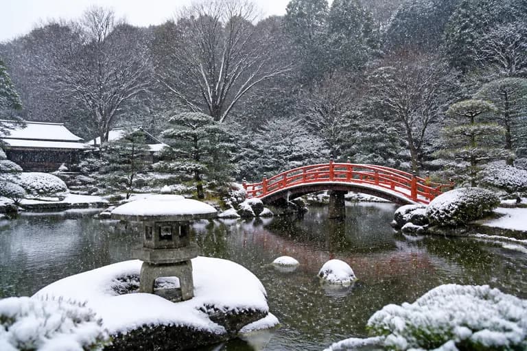 Photo générée par IA : jardin japonais sous la neige avec pont rouge