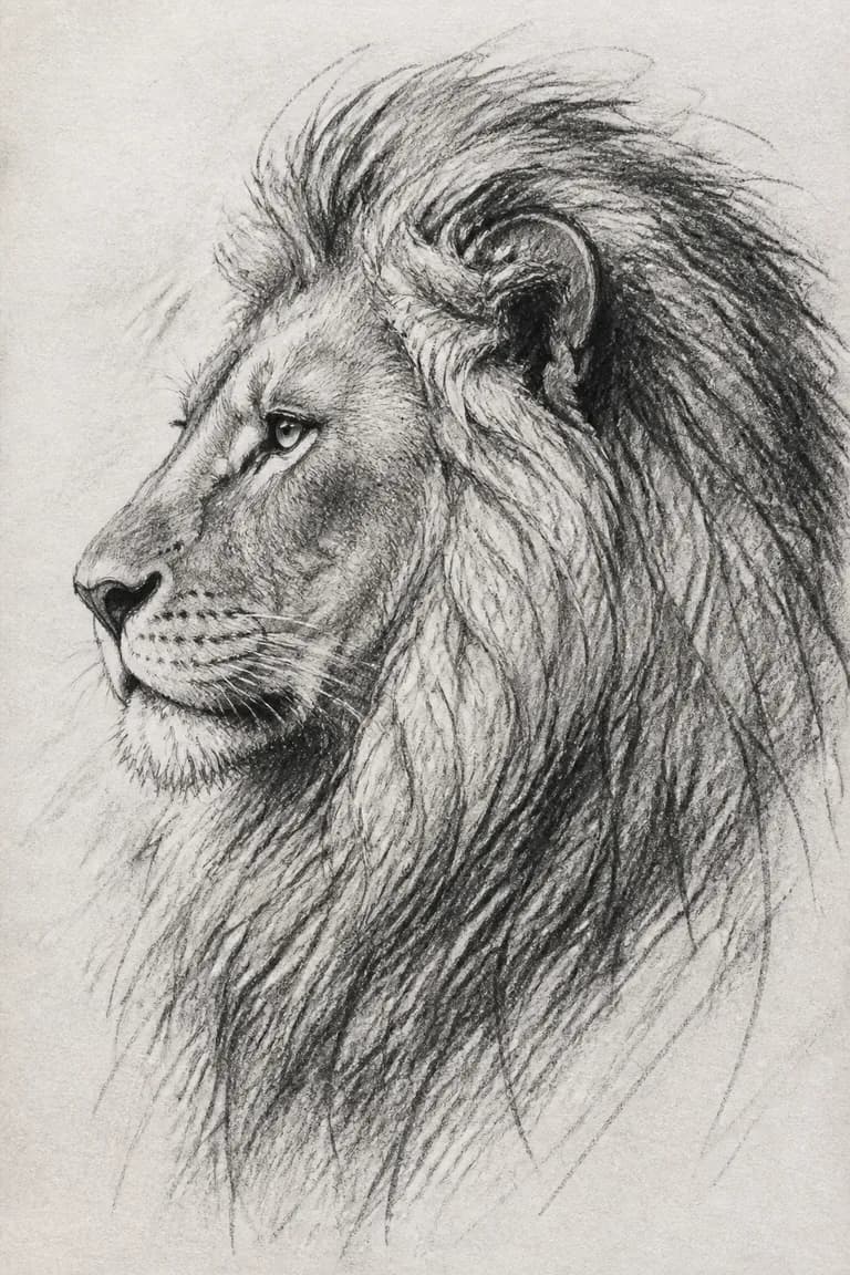 Croquis généré par IA : lion majestueux de profil au fusain