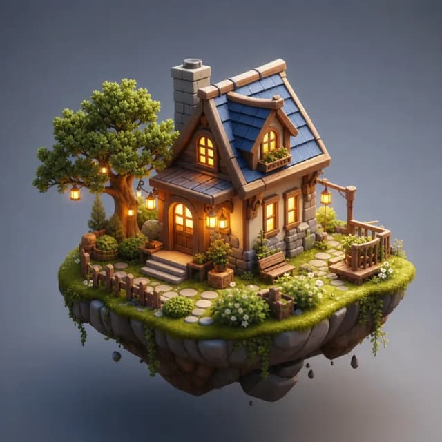 Rendu 3D généré par IA : maison isométrique sur un îlot flottant