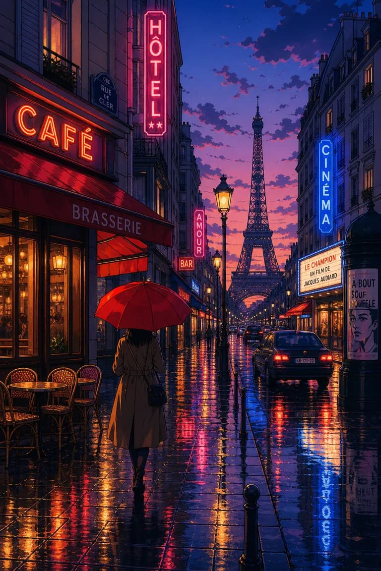 Image style animé générée par IA : rue de Paris sous la pluie avec parapluie rouge