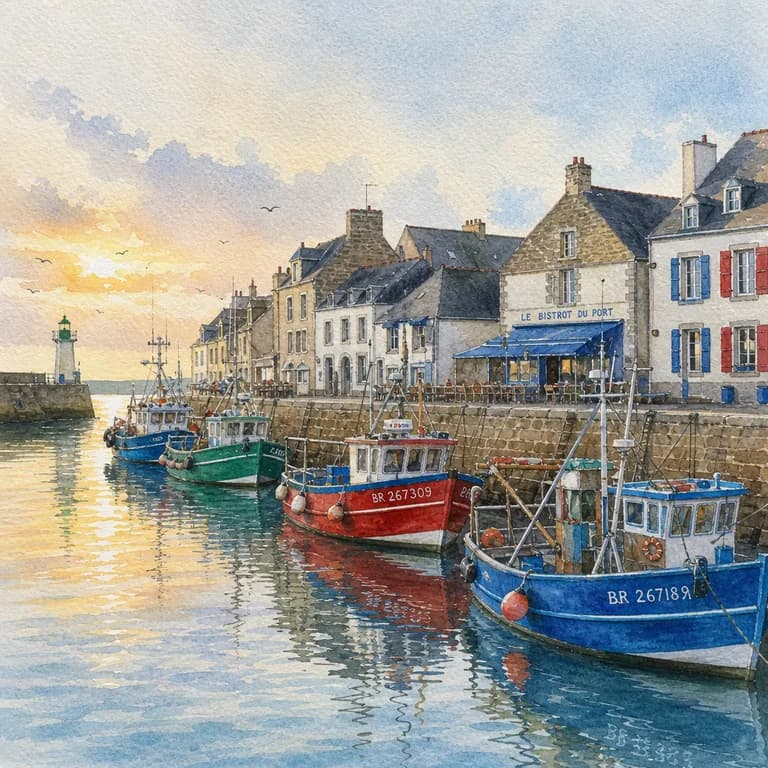 Aquarelle générée par IA : port breton et bateaux de pêche