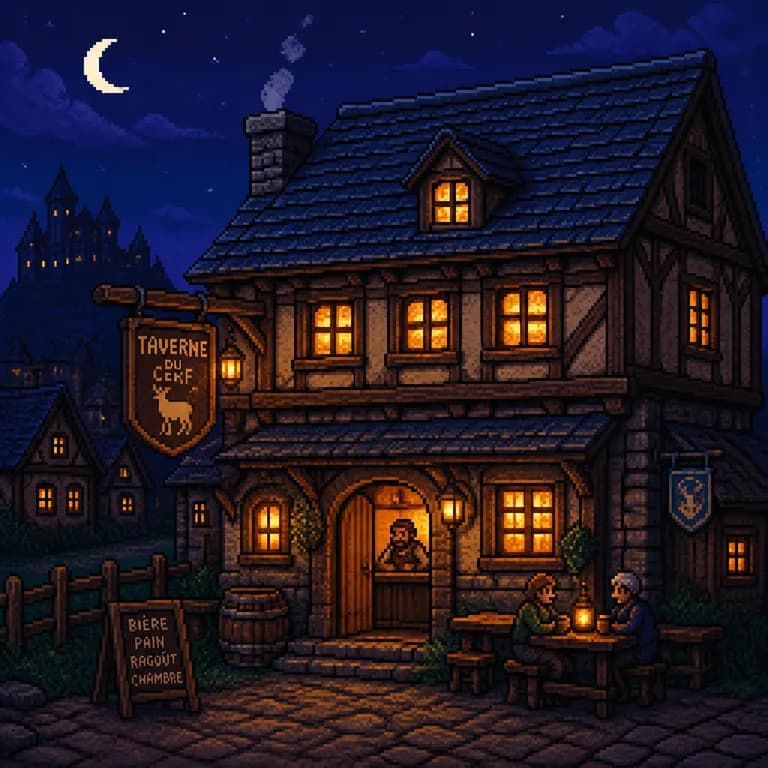 Pixel art généré par IA : taverne de village fantasy la nuit
