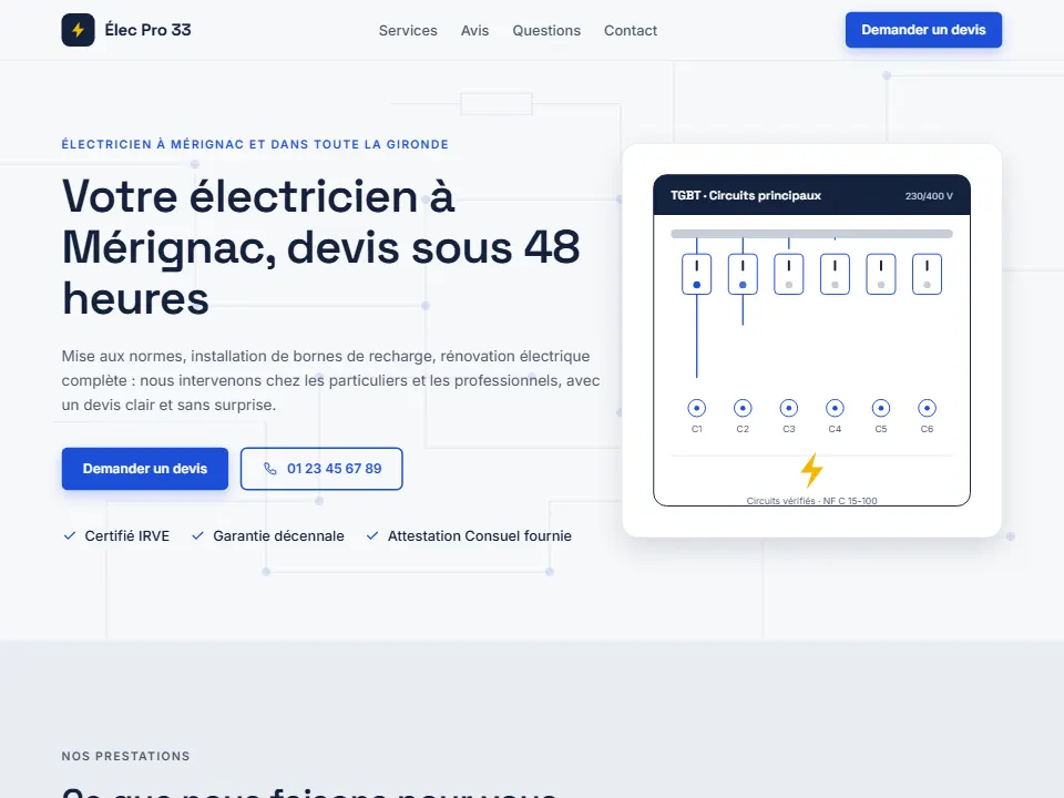 Site créé avec l'IA : Élec Pro 33, Électricien, Mérignac